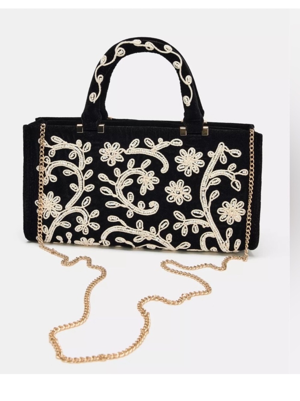 Zara Black Mini Handbag with White Floral Embroidery - Picture 4 of 5
